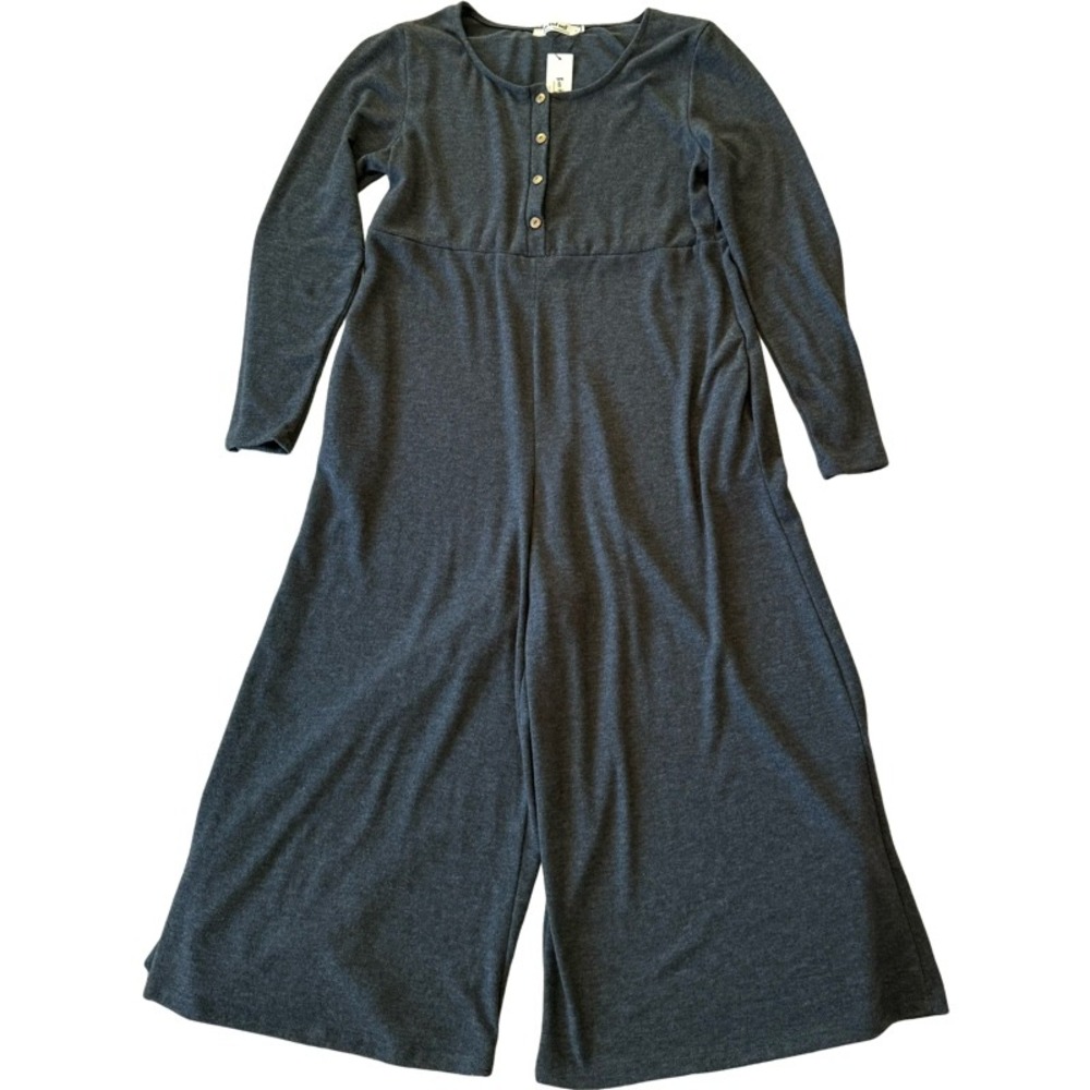 Three Bird Nest Charcoal Gray Wide-Leg Jumpsuit with Yellow Trim - Picture 10 of 11